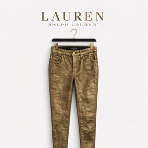 Lauren Ralph Lauren Black Label Metallic Gold Skinny Wax Jeans Super Stretch  4